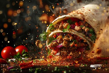 Fresh and hot shawarma doner, featuring a blend of spices and flying ingredients, perfect for vibrant culinary banners and menu displays