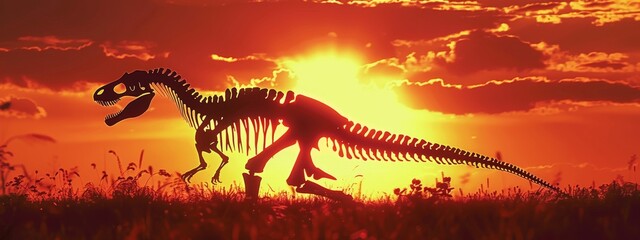 A silhouette of a dinosaur skeleton against a dramatic sunset, depicting a prehistoric landscape.