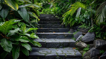 Stone steps surrounded by lush greenery - obrazy, fototapety, plakaty