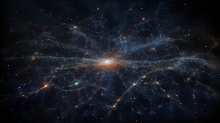Stunning depiction of a vast galaxy with nebulous filaments and brilliant star clusters