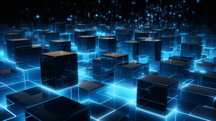 Fototapeta premium Array of 3D cubes with glowing edges, deep blue and black background, illustrating concepts in cybersecurity technology,