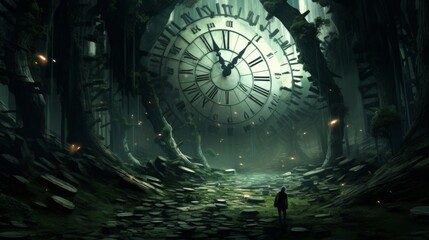 Man stands in futuristic space with giant clocks, exploring concepts of time and reality