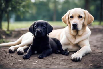 'retriever little puppy yellow labrador black top lying dog cute laboratory happy22 pair couple love gold pet animal adorable breed creature friends isolated white background studio look pedigree'