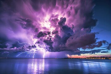 Dramatic shot of thunderstorms with lightning in the nature. - obrazy, fototapety, plakaty