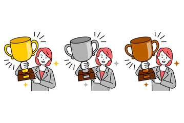 金・銀・銅のトロフィーを掲げるスーツの女性　セット