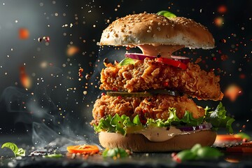 fresh crispy fried chicken burger sandwich with flying ingredients and spices hot ready to serve and eat food commercial advertisement menu banner with copy space area sweatshirt