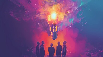 An abstract visualization of thoughts flowing freely between team members, converging into a radiant lightbulb above their heads, depicting the power of shared ideas in sparking innovation.
