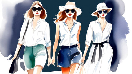 A sketch of modern fashionable summer outfits, stylish collections for women, models on a blue watercolor background. - obrazy, fototapety, plakaty