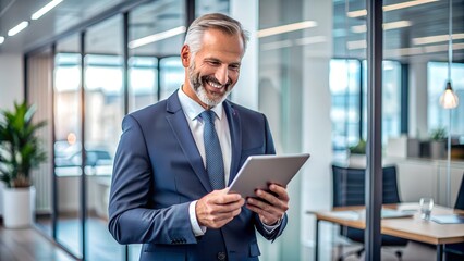 Fototapeta premium Happy middle aged business man ceo wearing suit standing in office using digital tablet.