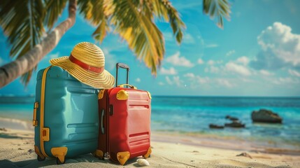 Two colorful suitcases and a stylish straw hat positioned under a palm tree on a sunny tropical beach, depicting a relaxing holiday vibe.