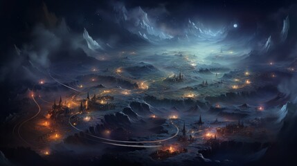 Majestic night landscape with illuminated cities weaving through mountains under a starlit sky