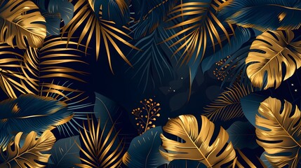 The original pattern with gold tropical leaves on night background. Vector design. Jungle print. Textiles and printing. Exotic illustrations, foliage elements isolated. nature wallpaper decorative