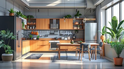 Interior Design: A 3D vector illustration of a modern kitchen with sleek cabinets, state-of-the-art appliances