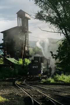 Chama, New Mexico, United States. Historic Cumbres and Toltec railroad. Narrow gauge railroad constructed in 1880. Antique steam locomotive.
