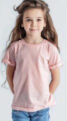 Little girl wearing pink blank white t shirt mockup for print image portrait isolated