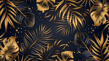 The original pattern with gold tropical leaves on night background. Vector design. Jungle print. Textiles and printing. Exotic illustrations, foliage elements isolated. nature wallpaper decorative