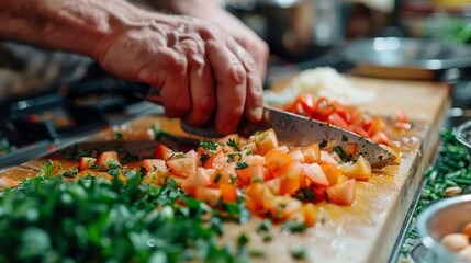 Kitchen and Cooking: A photo of a person slicing fresh ingredients on a cutting board