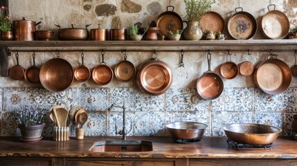 Kitchen and Cooking: A photo of a rustic kitchen with copper pots and pans hanging on a wall