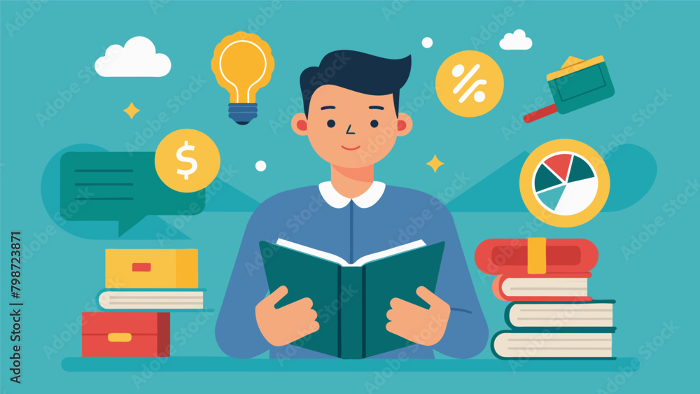 Poster a man reading financial planning books and articles determined to educate himself on ways to overcom