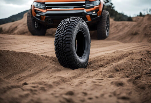  sandy terrain with a pickup truck  black tire with deep tread designed for traction on loose