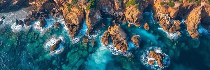 rocky coastline aerial view. shot by drone from top. - Powered by Adobe