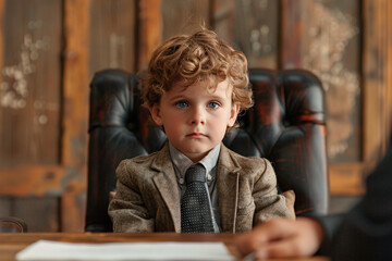 Cute business boy, a young boy wearing a business suit sitting in a conference meeting at an office - 798724642