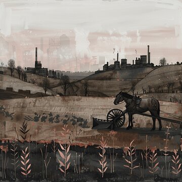 A horsedrawn plow abandoned in a field, with a bustling industrial city in the background ,