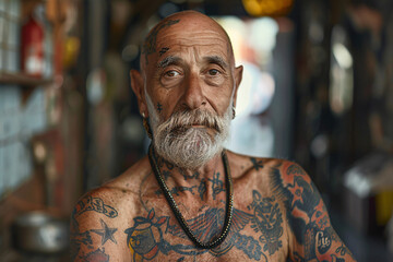 A senior man with a bald head and w white beard covered in tattoos - 798724851