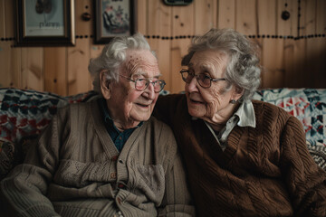 An elderly couple sitting on the sofa together, long lasting marriage and companionship concept