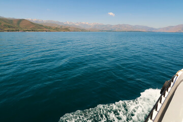 The intense blue color of Lake Van, Van Gölü seen from the boat to Akdamar Island, Van, Turkey