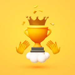 3D winners cup with crown and applauds. Trophy cup. Vector award nomination background.