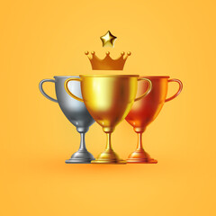 3D winners cup. Trophy cup. Gold, silver and copper. Vector award nomination background.