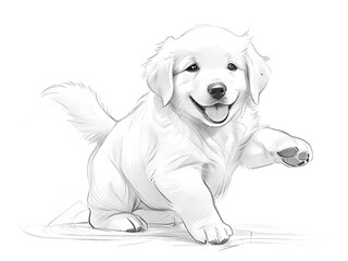 Fototapeta premium Black and white sketch of a Golden Retriever puppy. who are happy running around having fun Puppies have high tails and wide smiles. His left front paw raised.