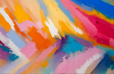 Fototapeta premium Oil paint texture with brush and palette knife strokes. Multi colored wallpaper. Macro close up acrylic background. Modern art concept. Horizontal fragment. Generative AI