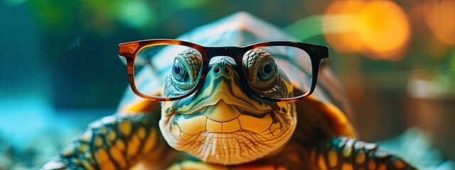 funny turtle with big glasses, Generative AI, - obrazy, fototapety, plakaty