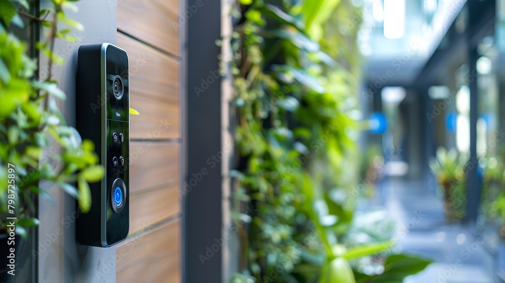 Poster smart home technology: a photo of a smart doorbell with a built-in camera and motion sensor