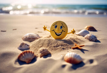 Naklejka premium drawn tropical summer hands accessories beach face drawing seashells vacation happy photo smiley child sand holiday Smiling sun