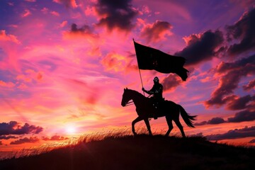 Brave Knight in Shining Armor Strides Forward against Vibrant Sunset Sky - obrazy, fototapety, plakaty