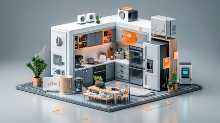 Smart Home Technology: A 3D vector illustration of a smart kitchen appliance set, including a refrigerator