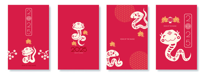 Happy Chinese New Year 2025 with Snake zodiac card template. Lunar new year sign. Paper cut style on white background. Chinese text means "Year of the Snake".