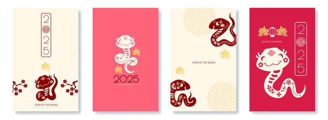 Happy Chinese New Year 2025 with Snake zodiac card template. Lunar new year sign. Paper cut style on white background. Chinese text means 