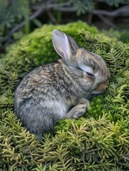 Fluffy Baby Rabbit Thriving in a Velvety Moss Haven