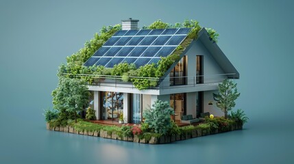 Obraz premium Sustainable Living Eco-Home: A 3D vector illustration of a modern eco-home with solar panels