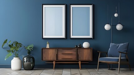 Mockup poster frame on the wall of living room. Luxurious apartment background with contemporary design. Modern interior design. 3D render, 3D illustration. ai generated 