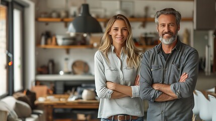 A confident man and woman standing with folded arms in a modern kitchen interior, looking at the camera with friendly smiles.  - Powered by Adobe