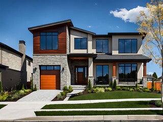  The typical exterior appearance of a freshly constructed contemporary suburban residence is against a vibrant blue sky. 