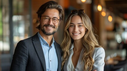 Professional smiling man and woman in a business setting pose confidently for a corporate portrait 