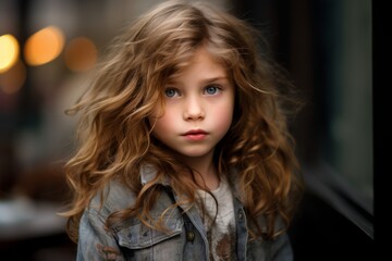 Fototapeta premium Portrait of a beautiful little girl with long curly hair in the city
