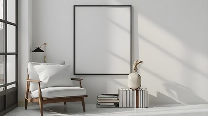 Mockup poster frame on the wall of living room. Luxurious apartment background with contemporary design. Modern interior design. 3D render, 3D illustration. ai generated 