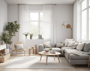 Scandinavian modern living room where clean lines and minimalist design converge with warmth and functionality. surrounded by sleek furniture pieces crafted from natural materials, 